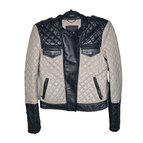 BCBG MAXAZRIA Keith Quilted Leather Moto Jacket Black Taupe Size Small Stretch